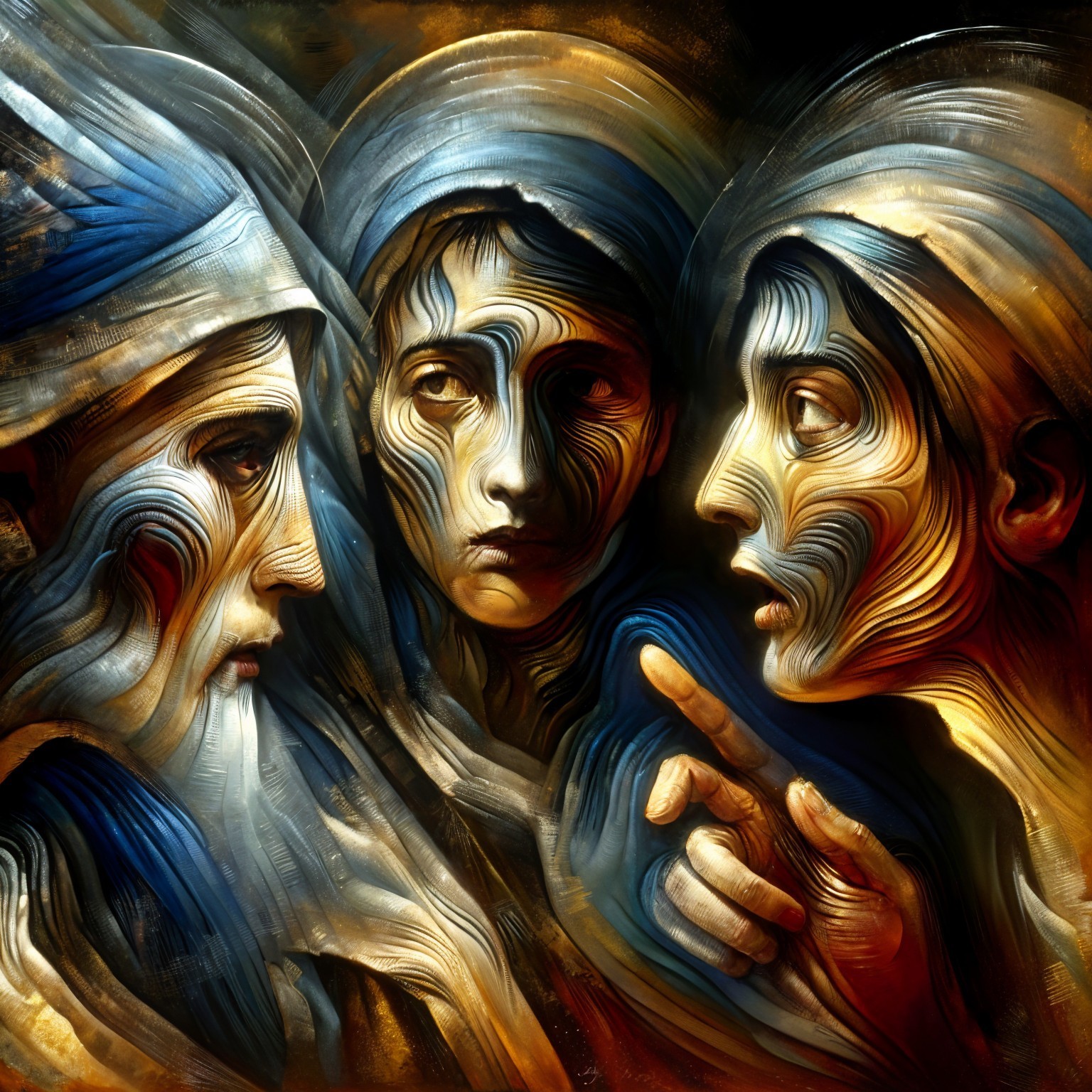 Three Figures with Expressive Faces and Swirling Patterns