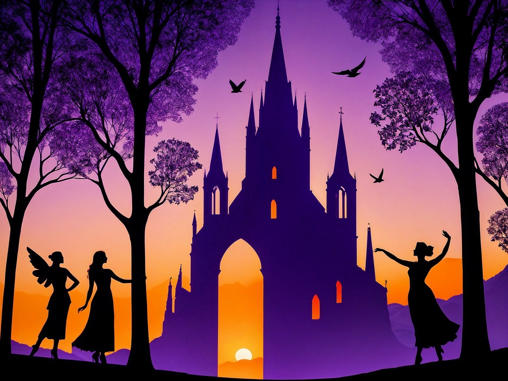 Castle Silhouette at Sunset with Figures and Trees