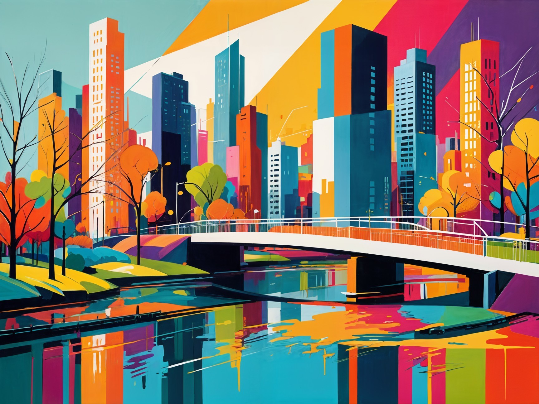 Vibrant Urban Landscape with Skyscrapers and River