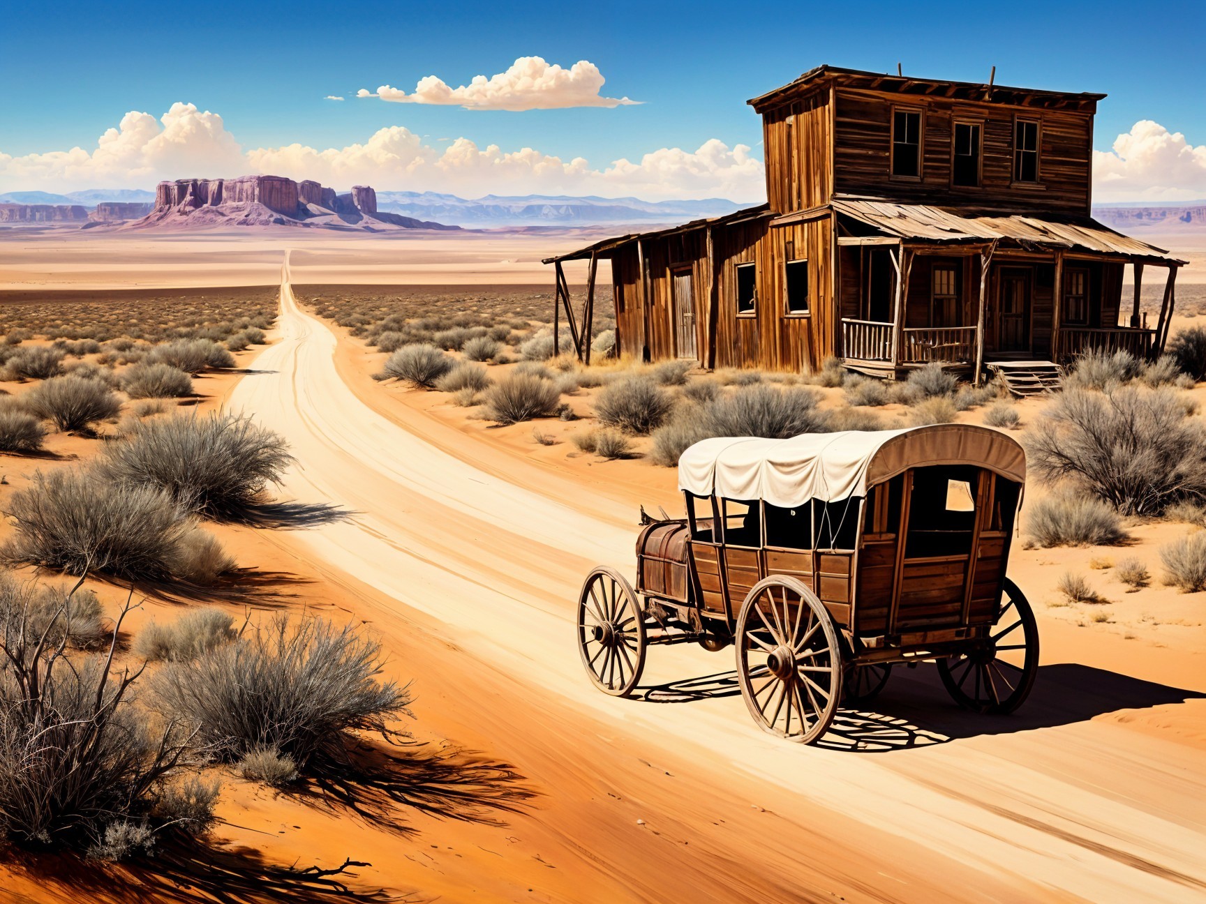 Rustic Wagon on Dusty Road in Desert Landscape
