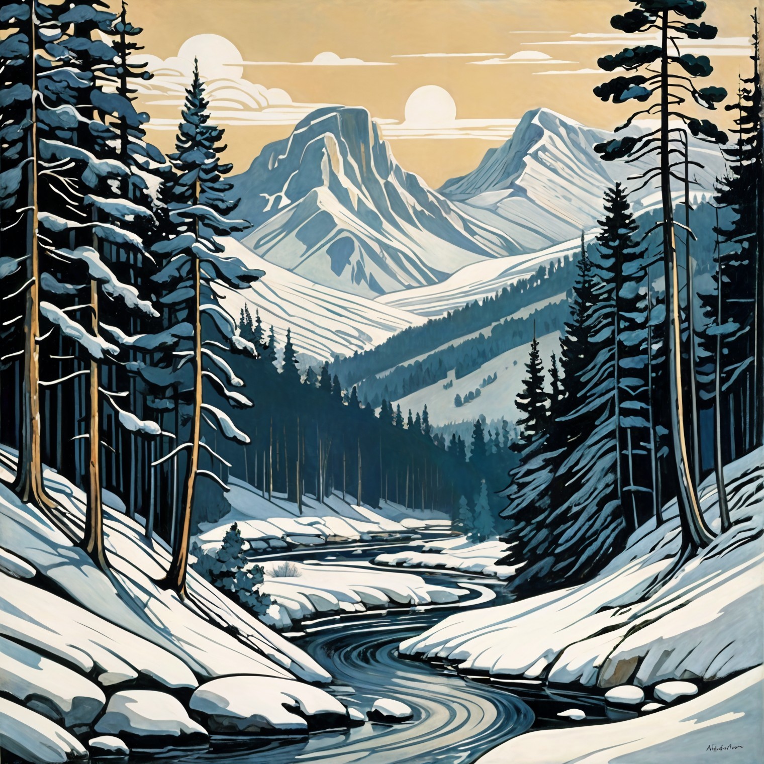 Serene Winter Landscape with Snowy Mountains and River
