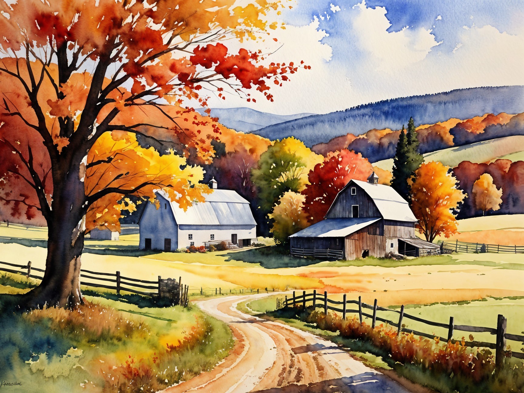 Autumn Landscape with Barns and Colorful Trees
