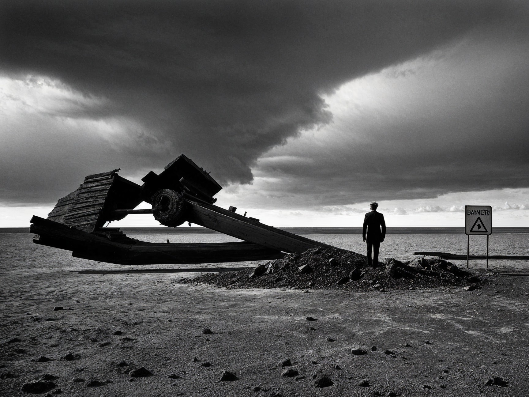 Solitary Figure Amidst Stormy Sky and Shipwreck Structure