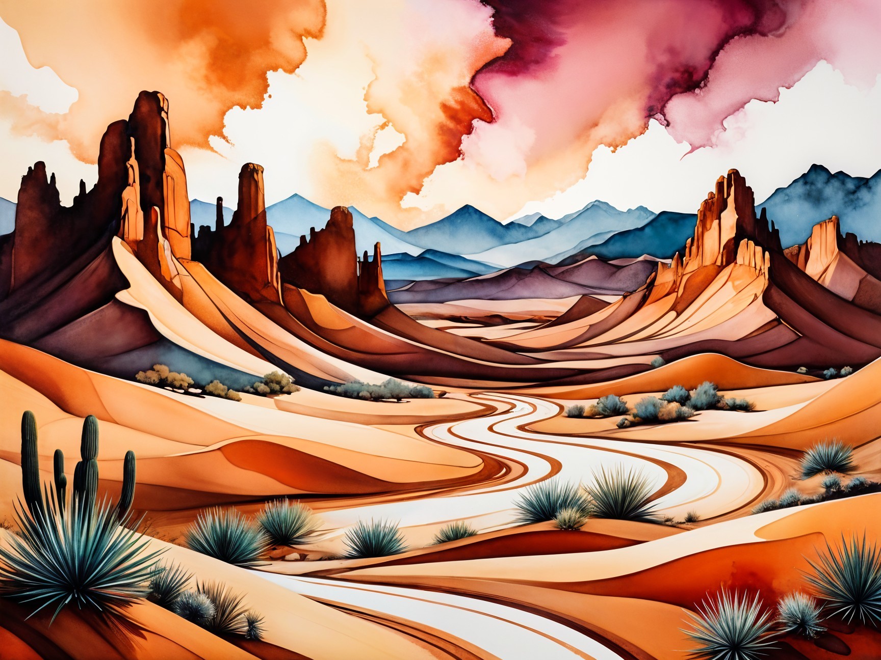 Vibrant Desert Landscape with Dunes and River