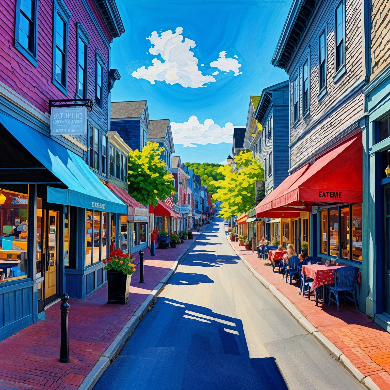 Vibrant Street Scene with Colorful Storefronts and Cafes