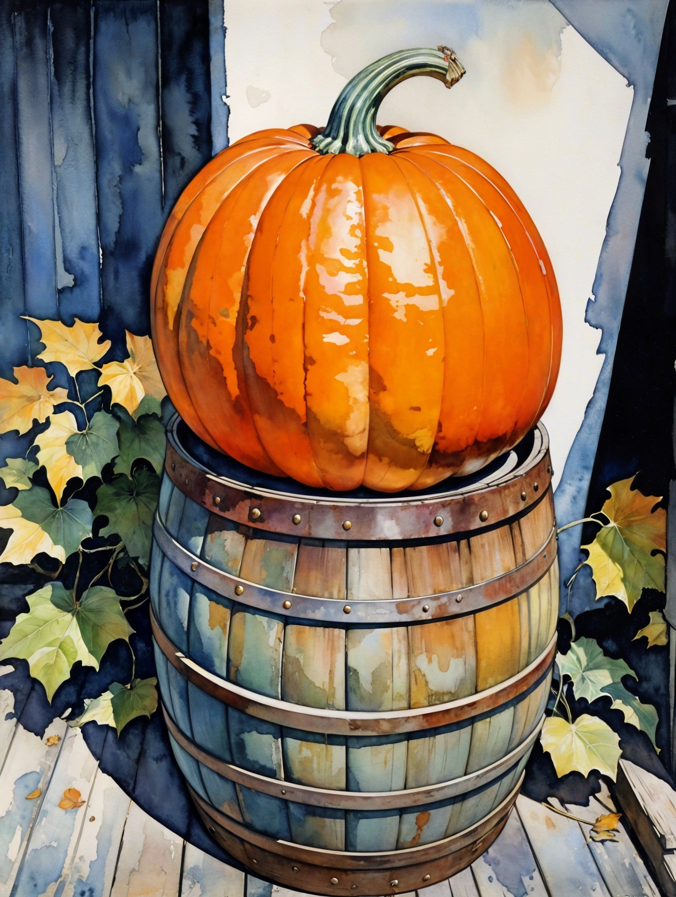 Large Orange Pumpkin on Wooden Barrel with Green Leaves