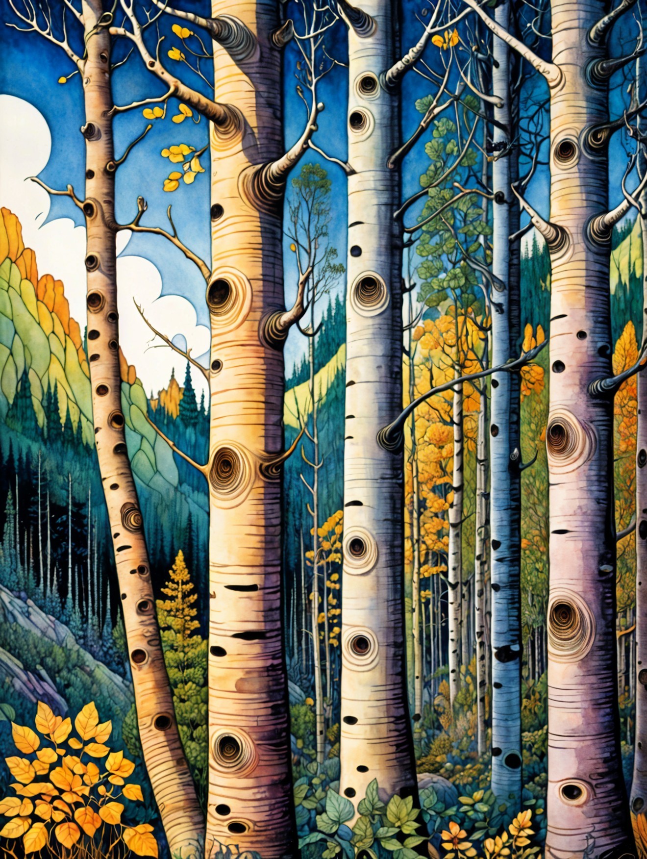 Vibrant Forest Scene with Autumn Colors and Blue Sky