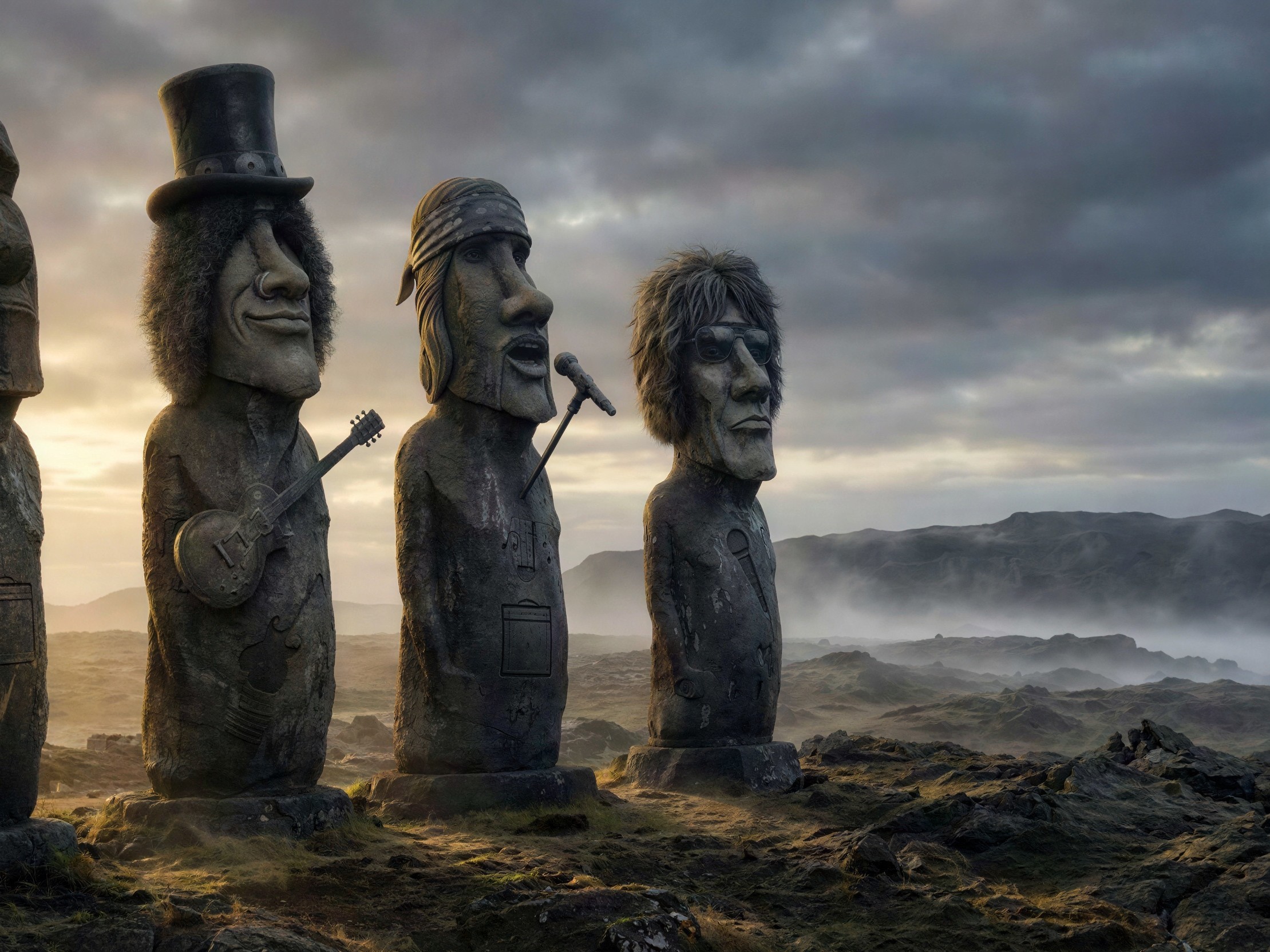Gray Stone Statues of Rock Icons in Dramatic Landscape