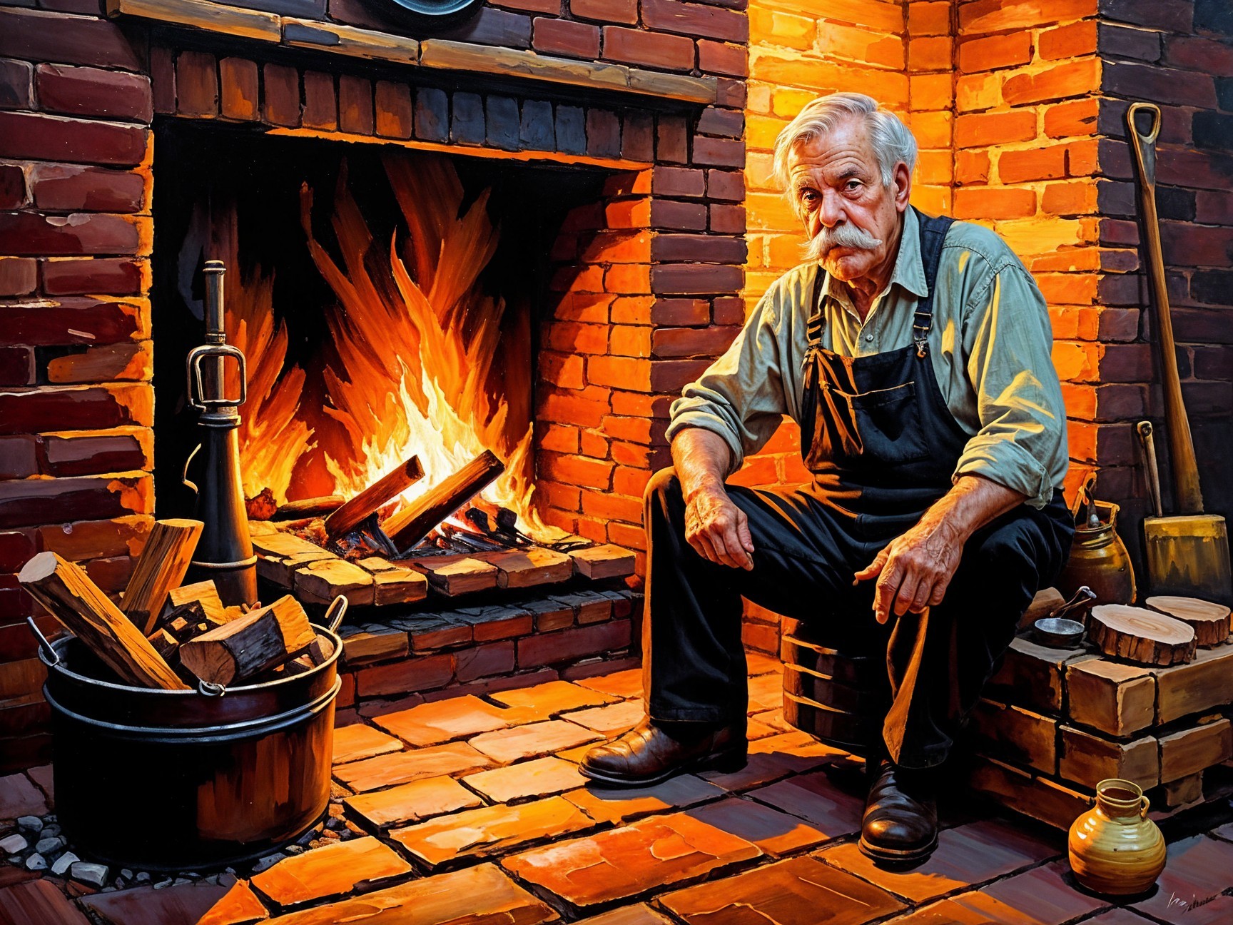 Elderly Man by Brick Fireplace in Cozy Setting