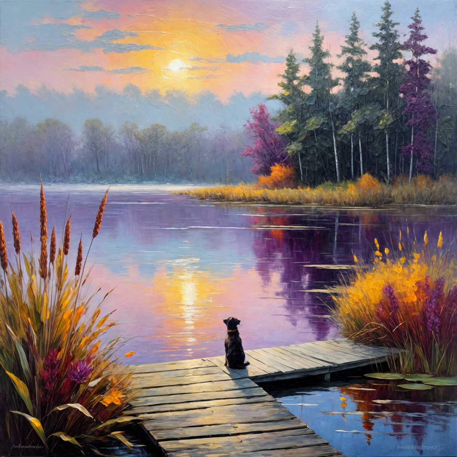 Serene lake at sunrise with vibrant reflections and trees
