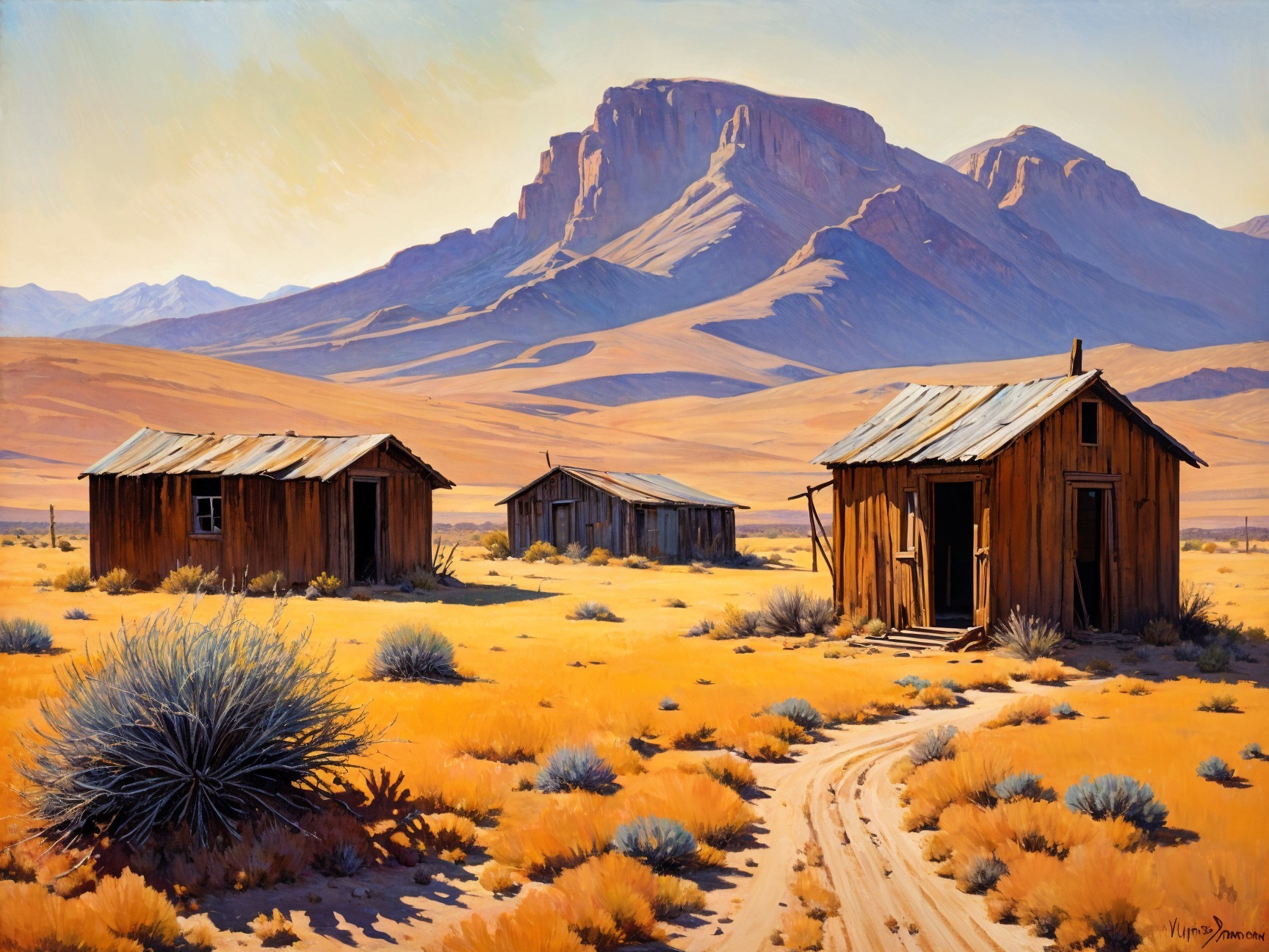 Arid Landscape with Wooden Shacks and Mountains