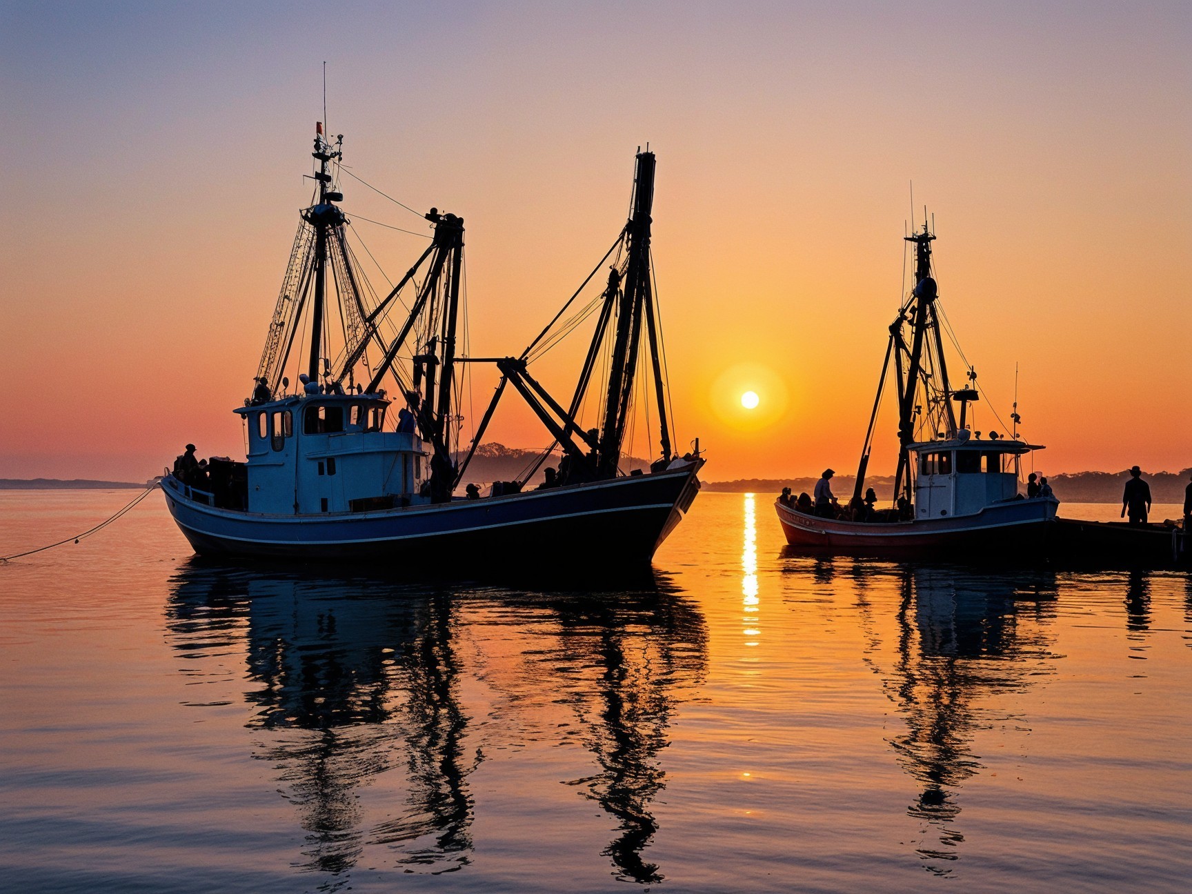 Fishing boats on calm waters at sunset with reflections