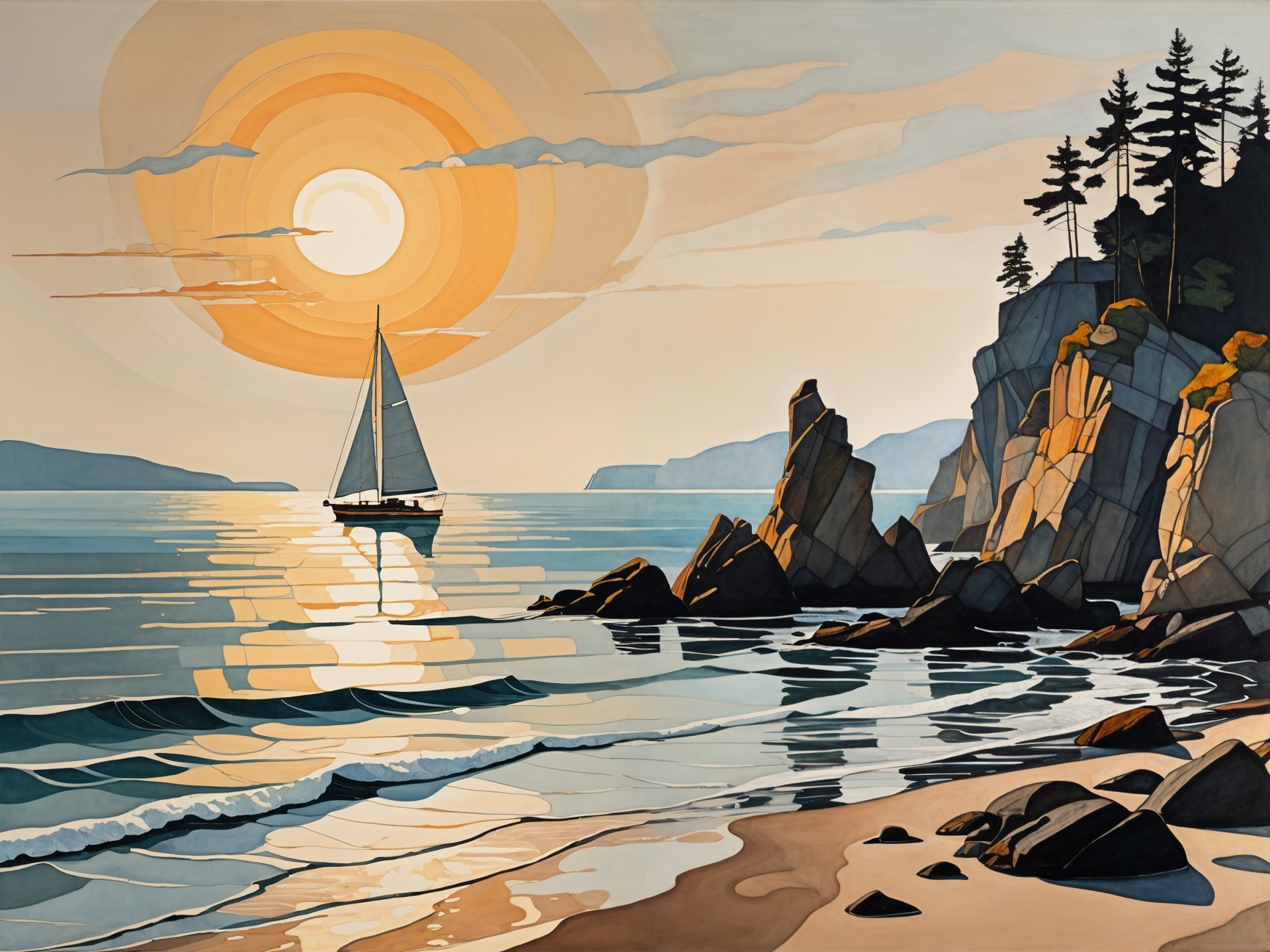 Golden Sunset Over Calm Waters and Rocky Cliffs