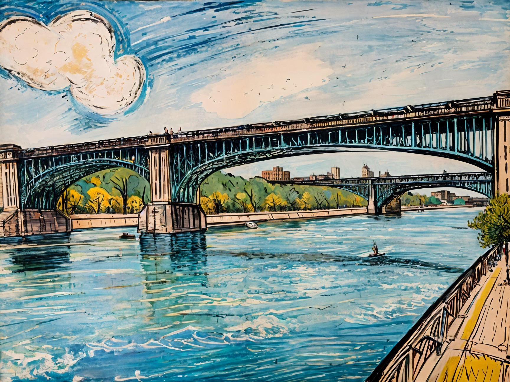 Watercolor Bridge Over Serene River with Autumn Trees