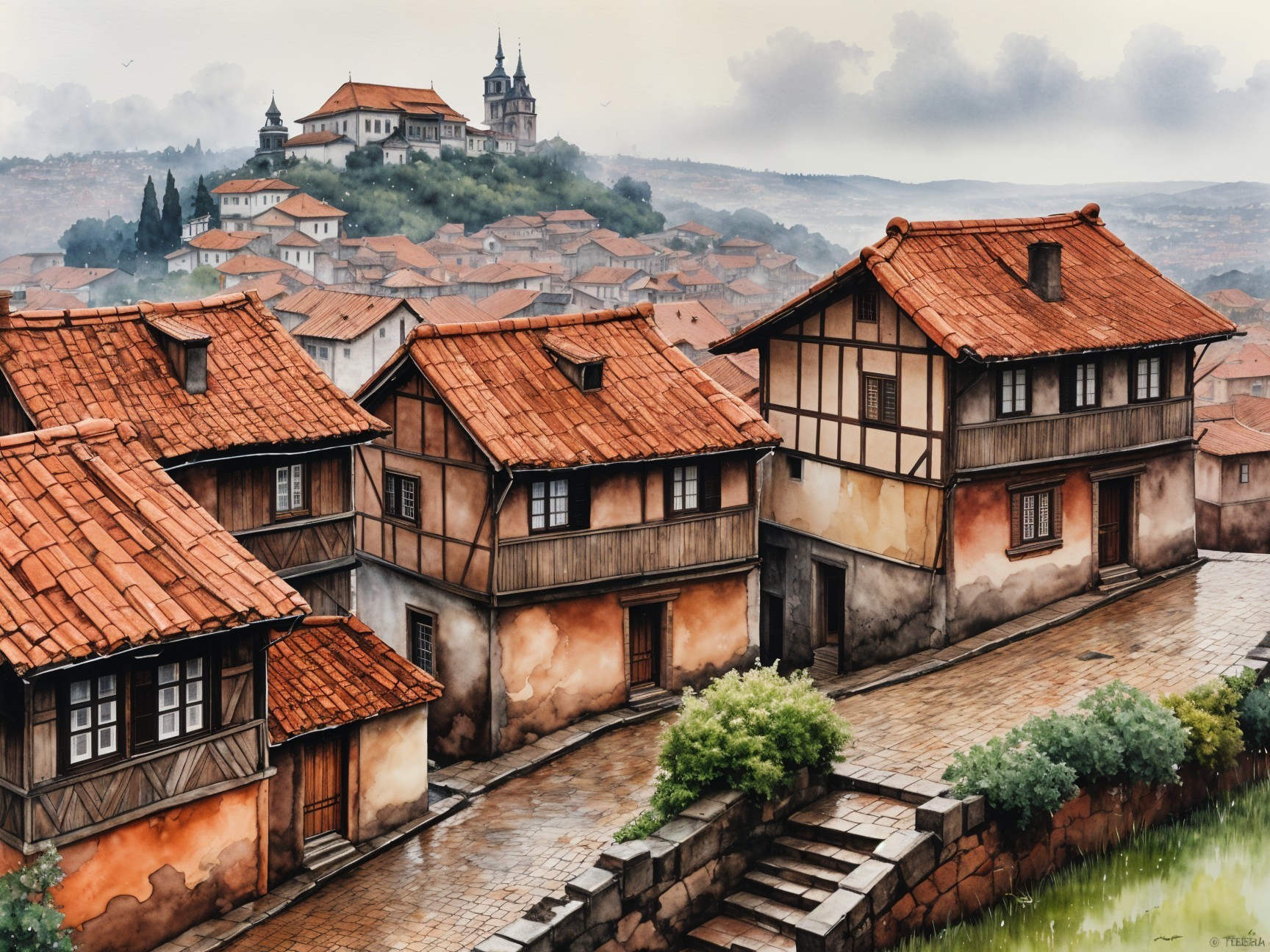 Serene village scene with rustic houses and landscape