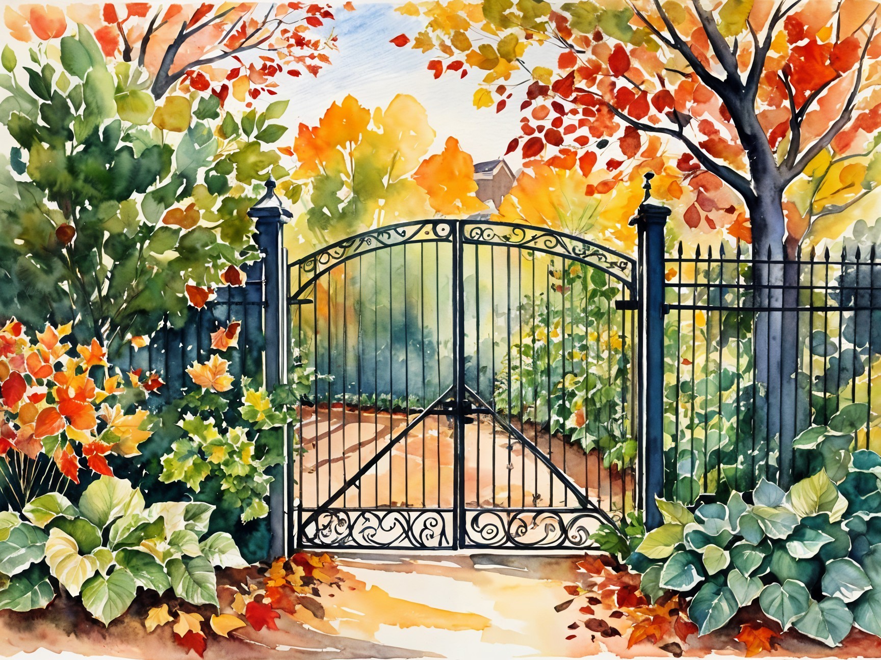 Open Garden Gate Framed by Autumn Foliage