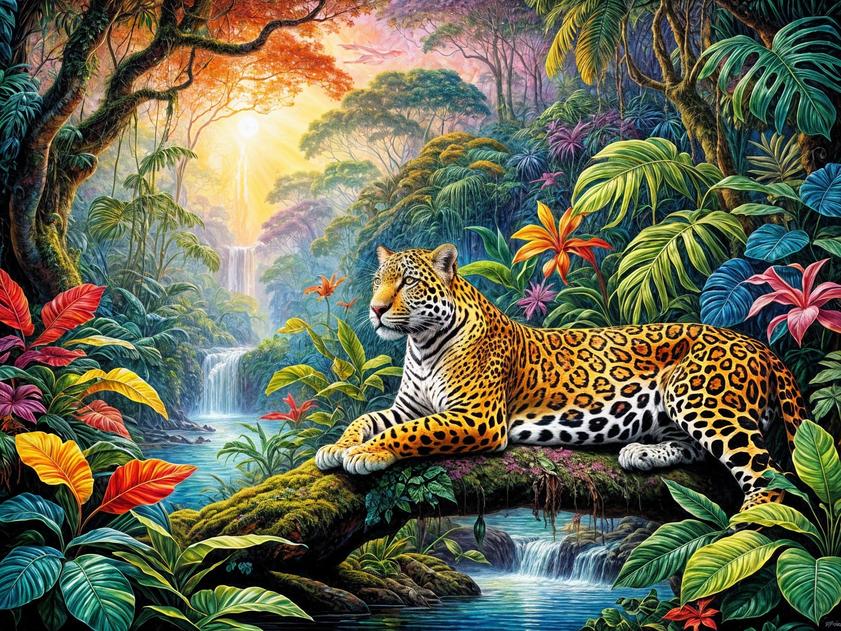 Jaguar in Tropical Rainforest with Waterfall and Flora