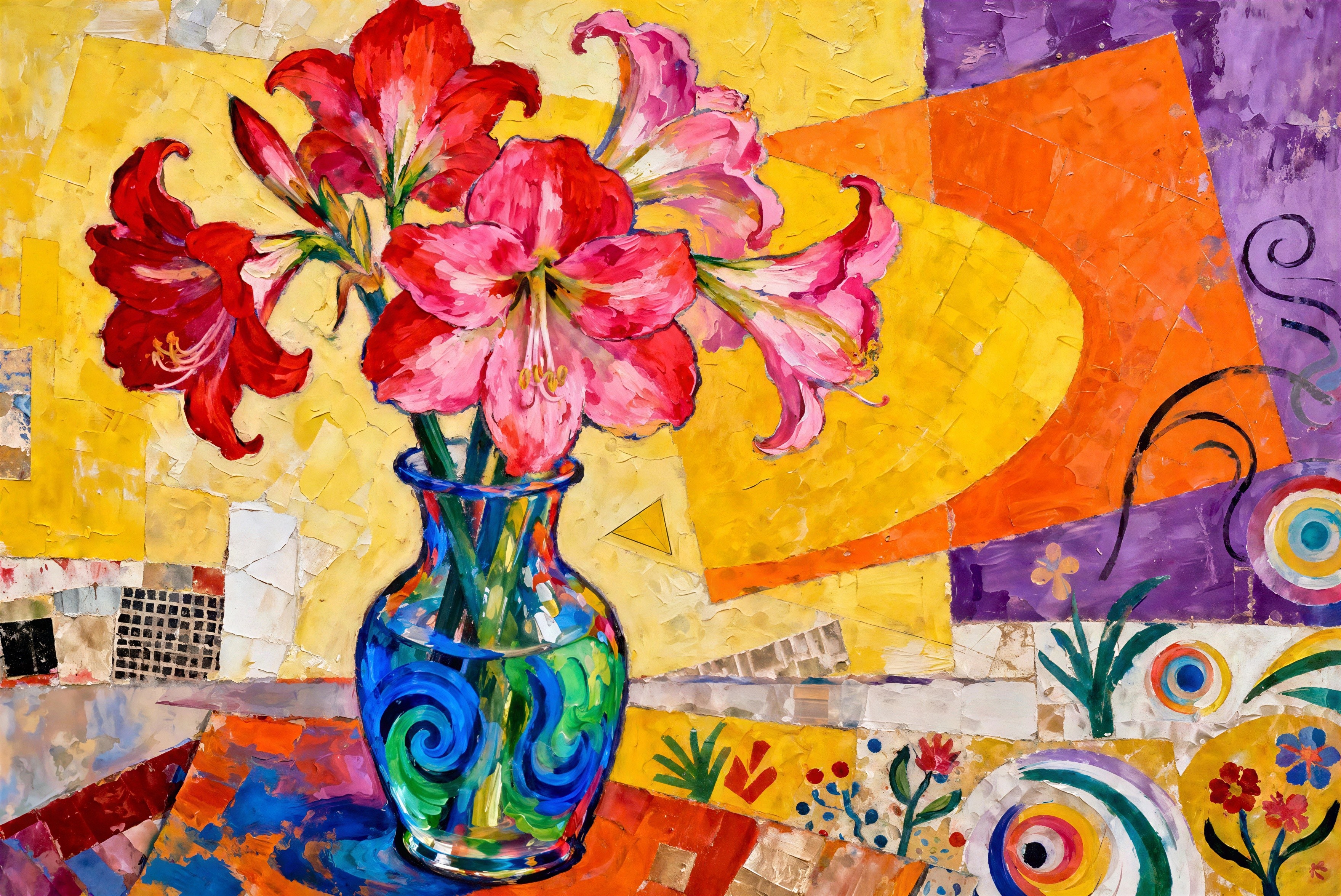 Mosaic Painting of Lilies in Colorful Vase and Tablecloth