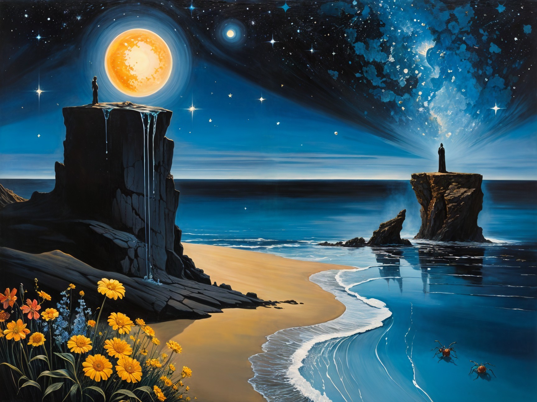Surreal Seascape with Cliffs and Cosmic Elements