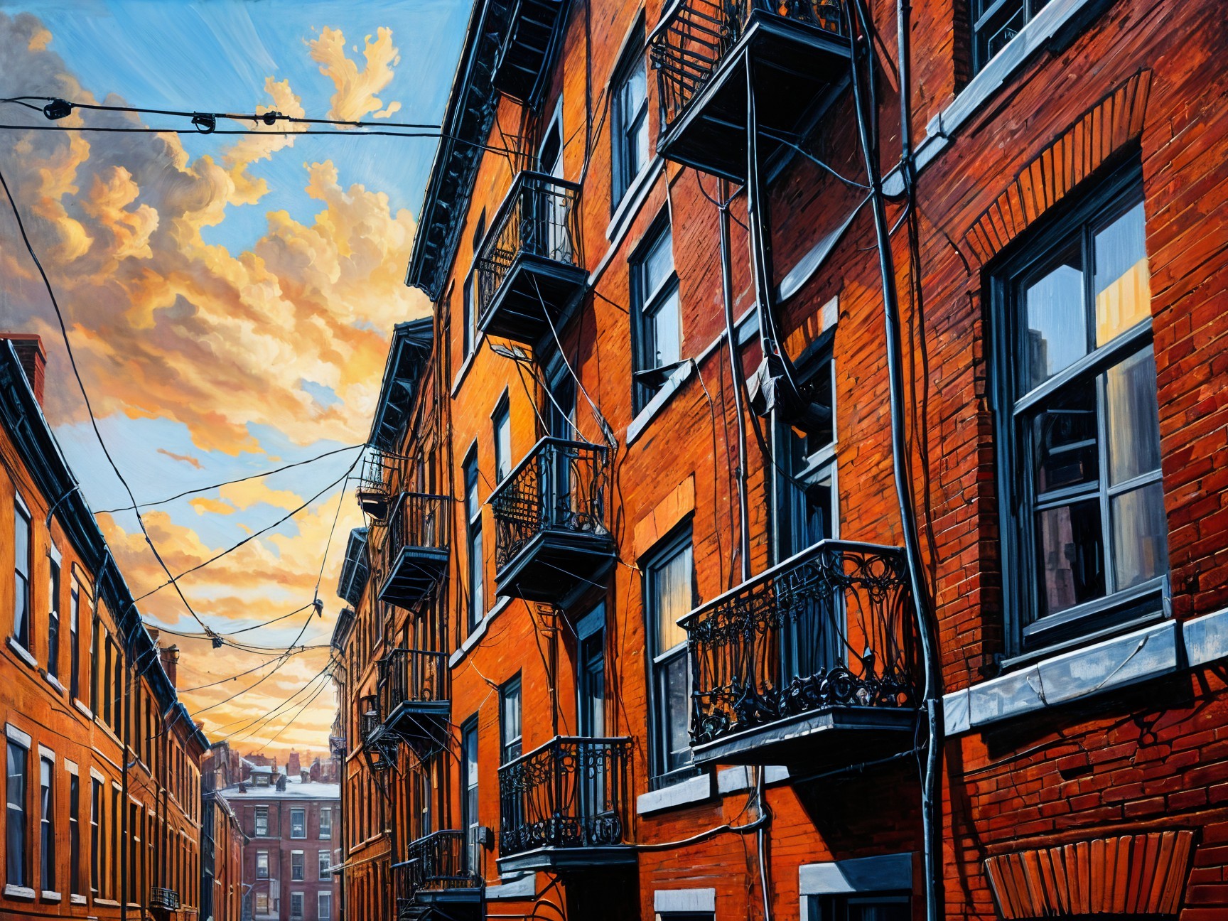 Urban Scene with Red-Brick Buildings and Sunset Sky
