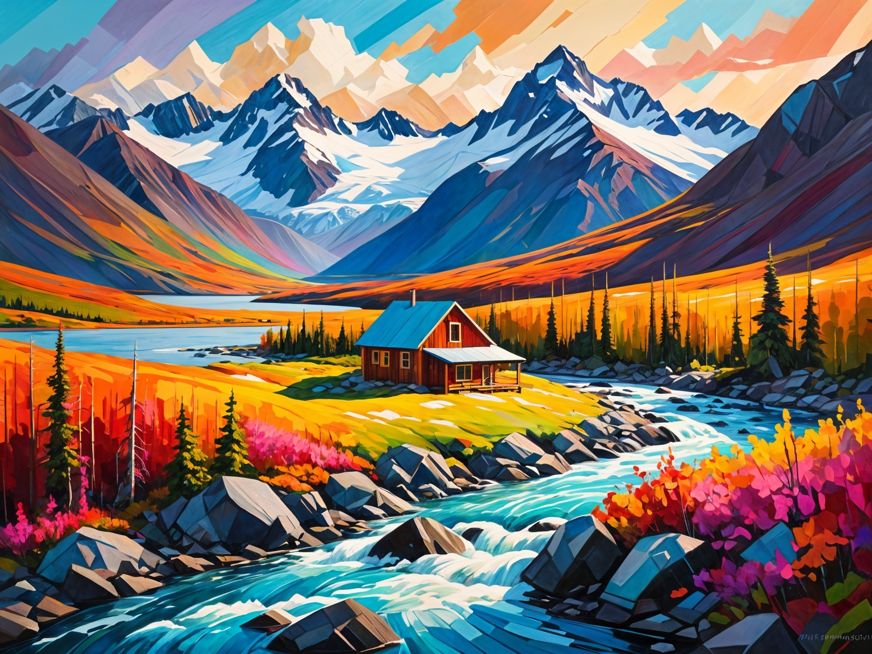 Vibrant Autumn Landscape with Cabin by River