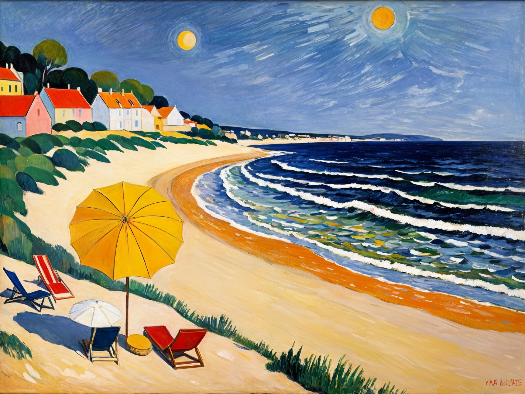 Vibrant Beach Scene with Colorful Chairs and Umbrellas