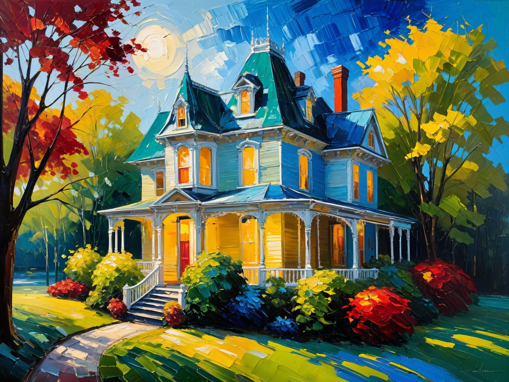 Colorful Victorian House Surrounded by Autumn Foliage