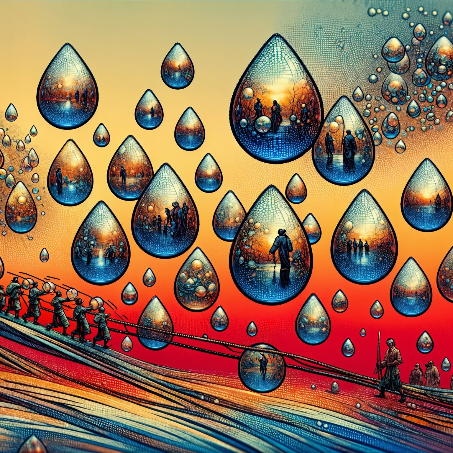Surreal Landscape with Reflective Water Droplets