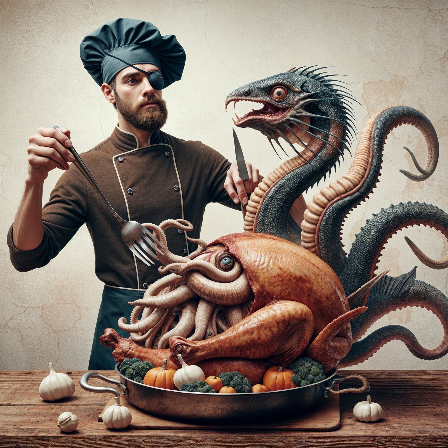 Whimsical Kitchen Scene with Chef and Fantasy Creature