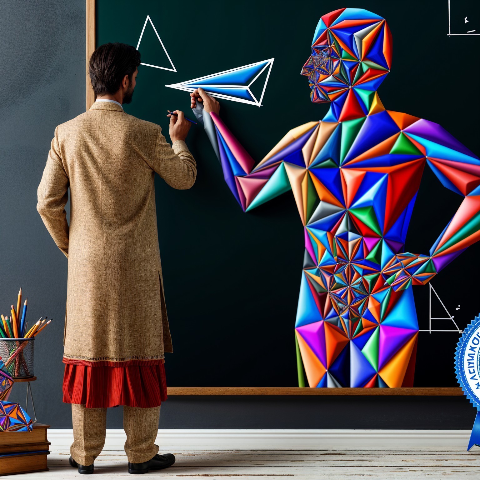 Man in traditional attire with geometric chalkboard art