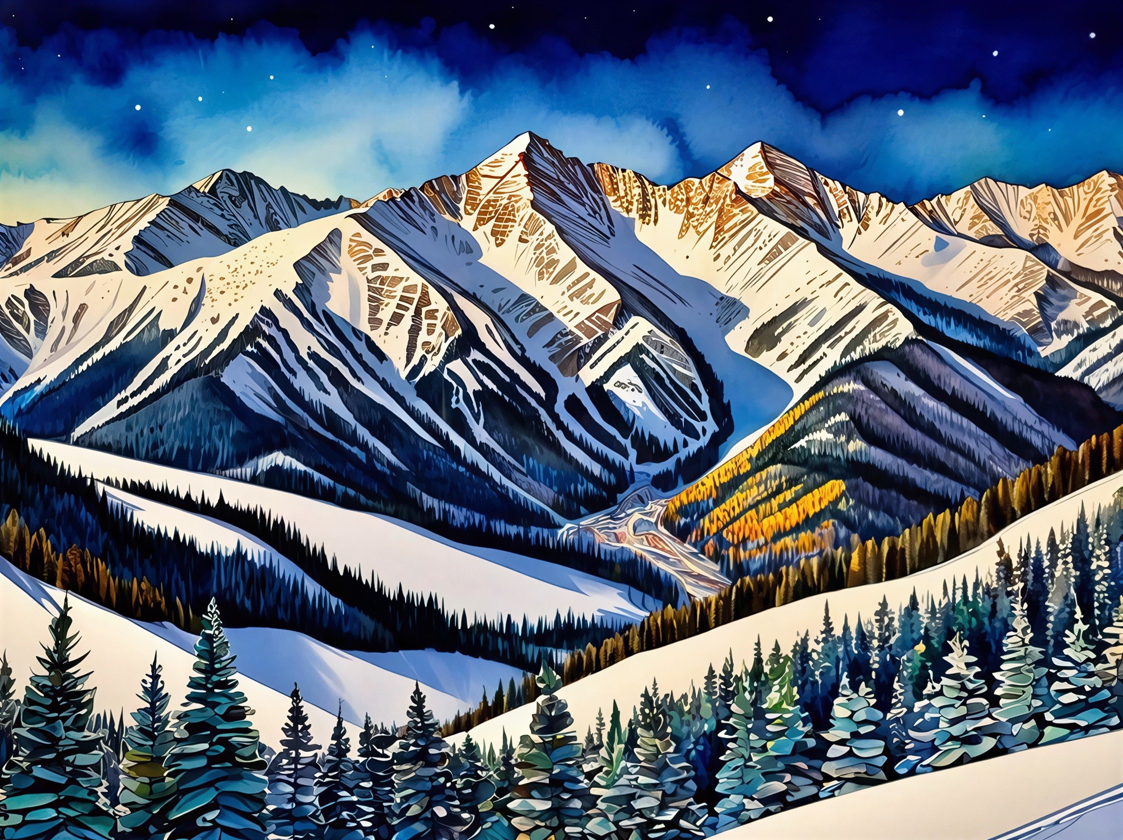 Watercolor of Twilight Mountain Range with Pine Trees