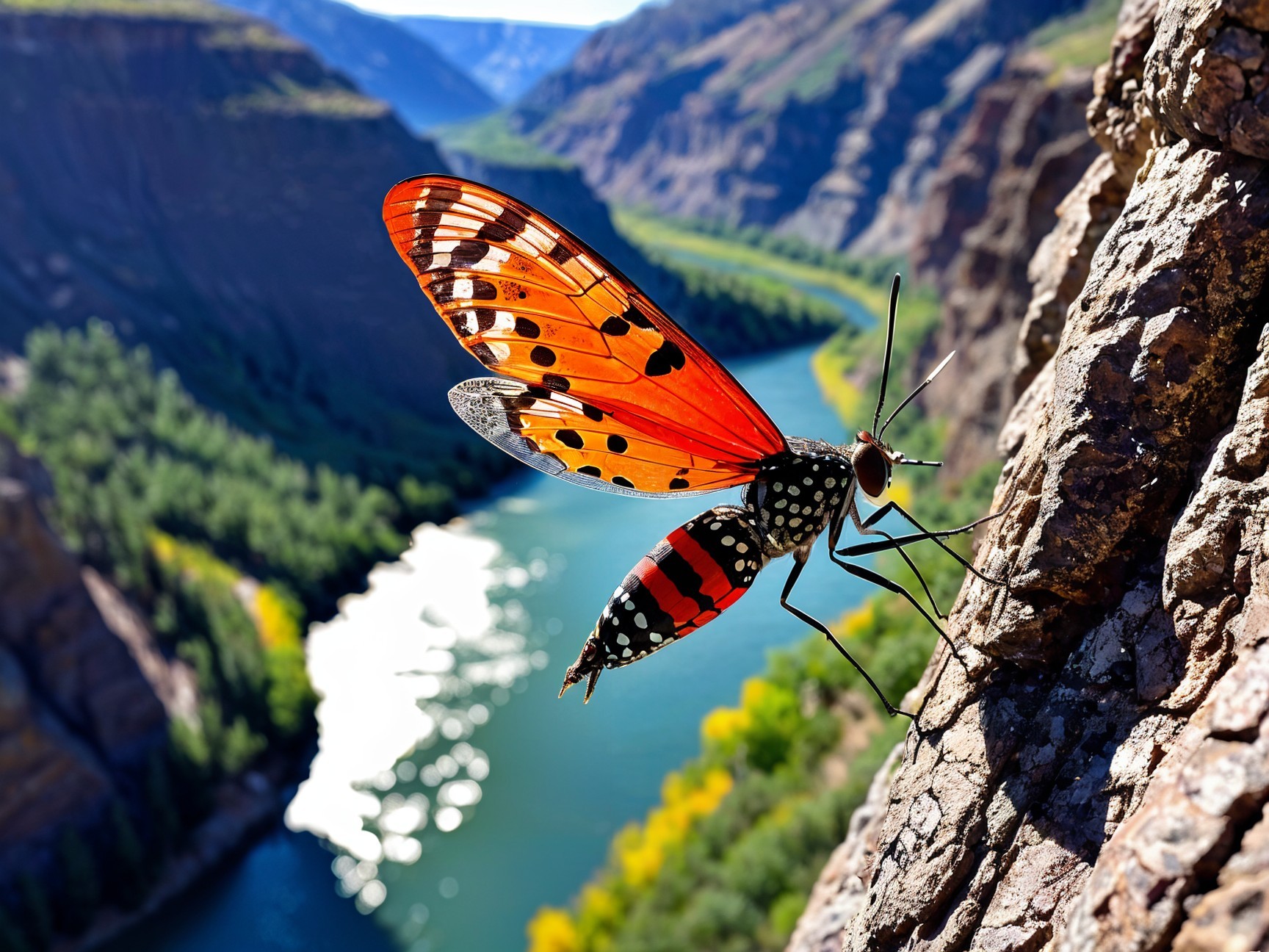 Butterfly on Rocky Surface by Serene River Landscape