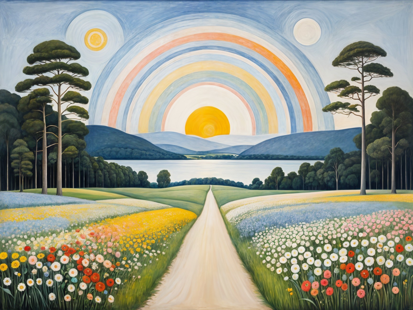 Vibrant Landscape with Winding Road and Serene Lake