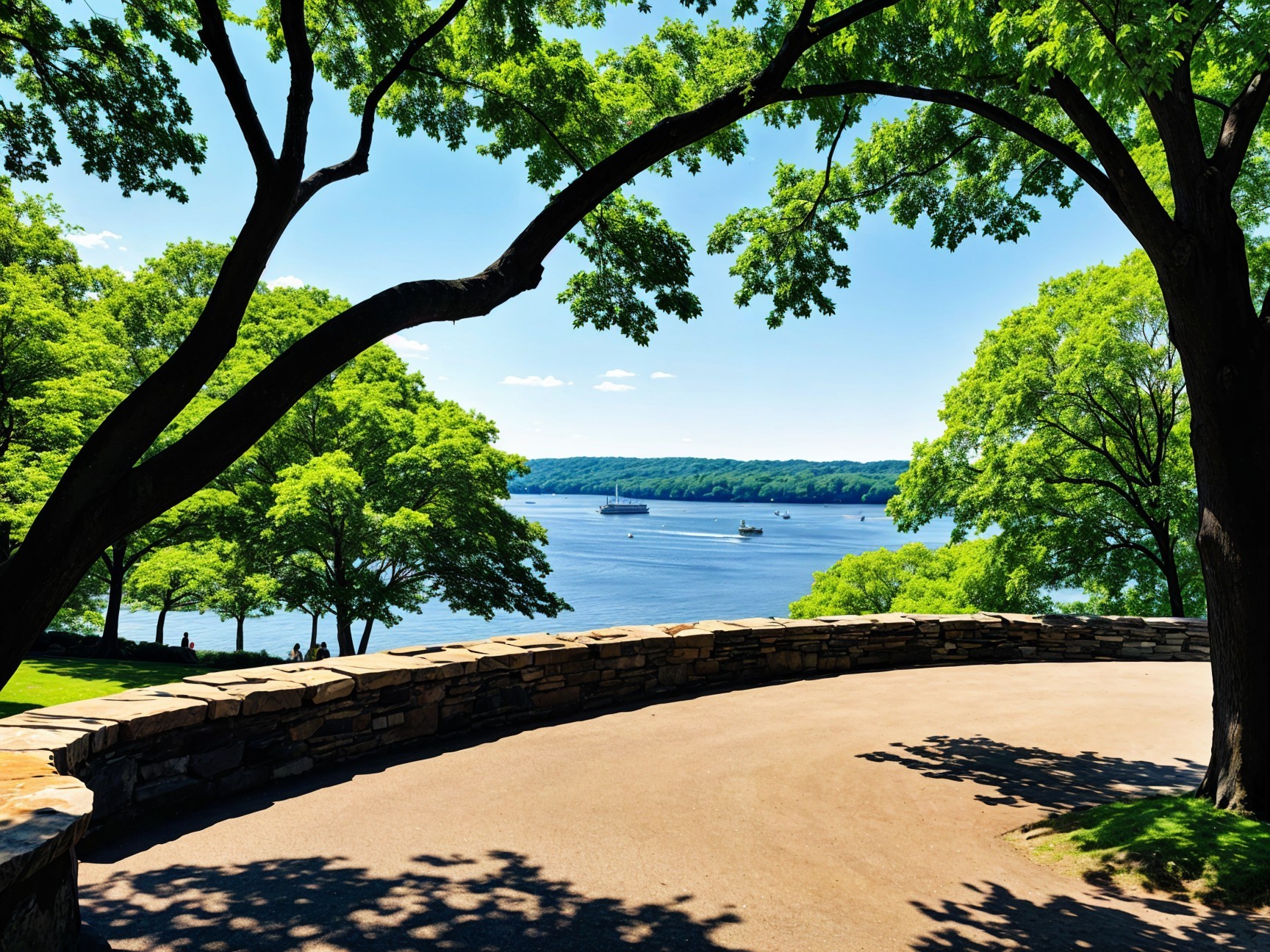 Serene Landscape with River, Trees, and Sailboats