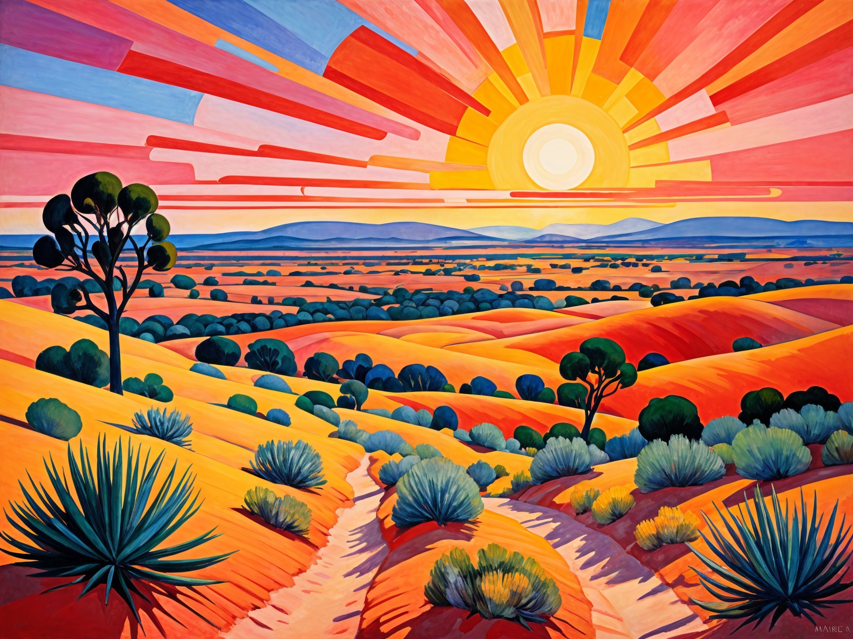 Vibrant Landscape with Rolling Hills and Sunrise Colors