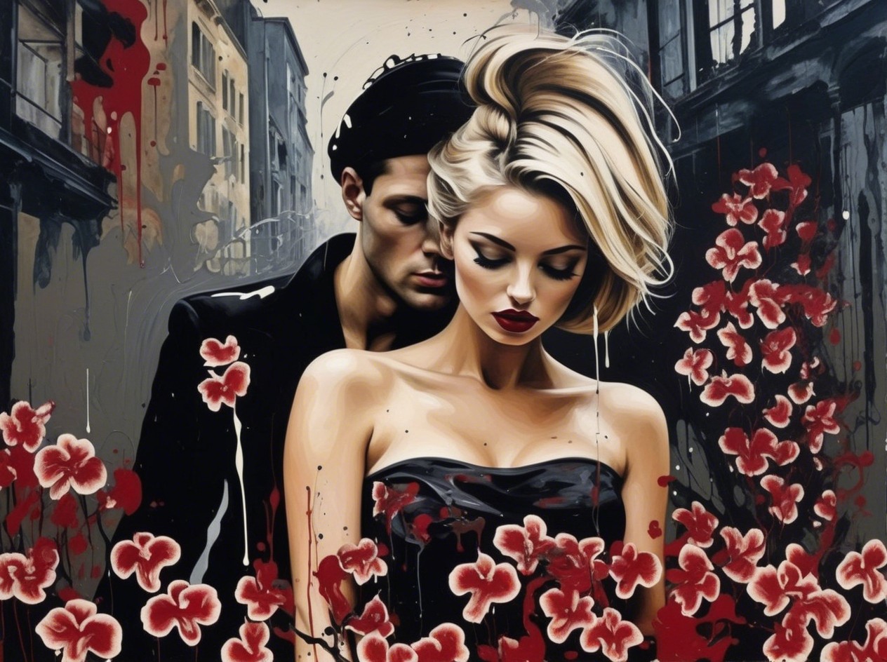 Couple Embracing Amid Urban Architecture and Flowers