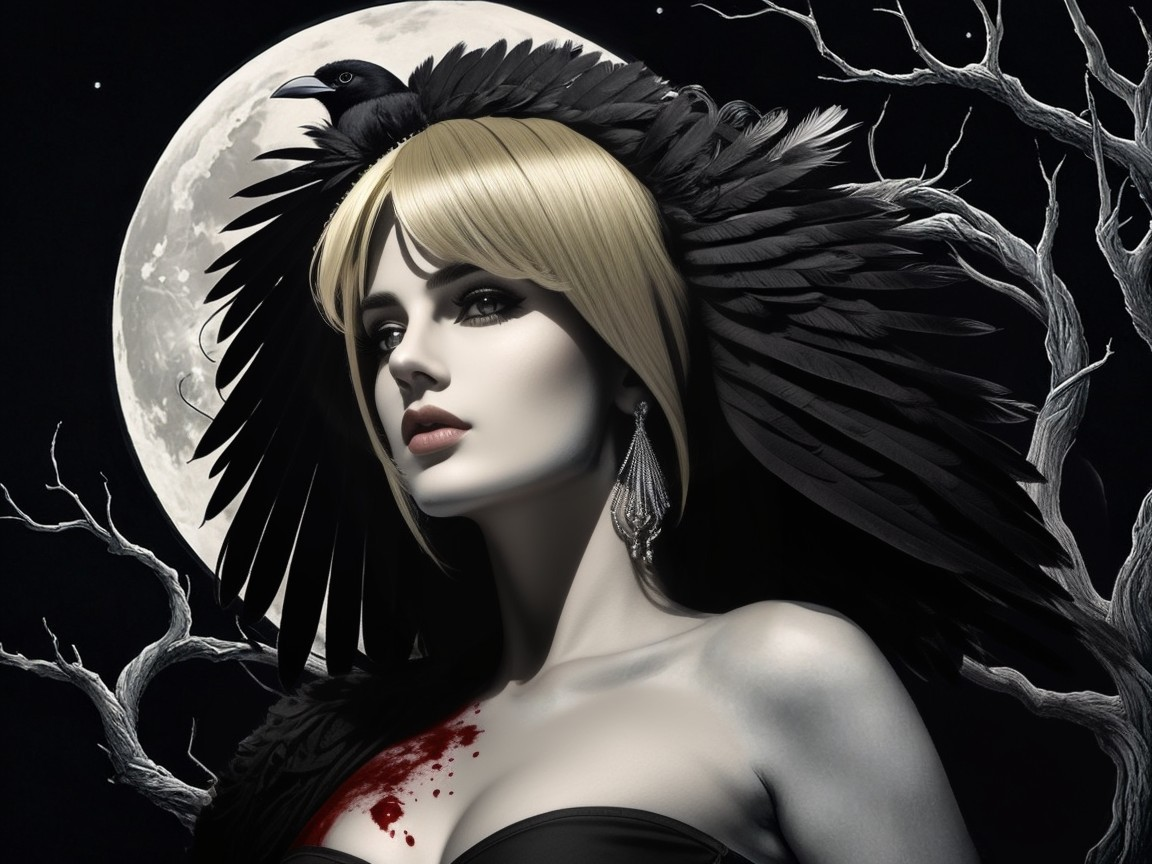 Mystical Figure in Black Feathers Under Full Moon