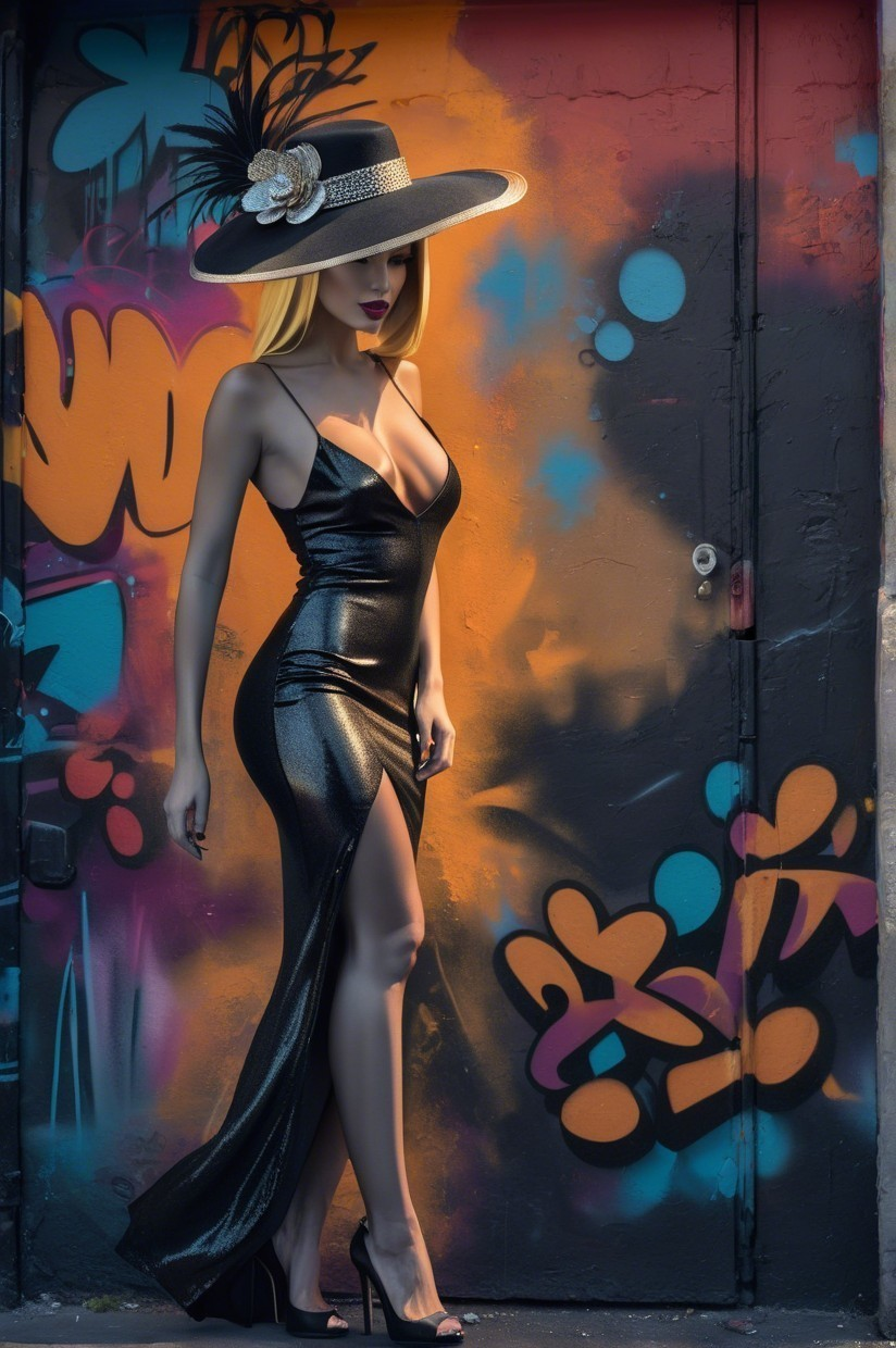 Glamorous Figure in Black Gown Against Graffiti Wall