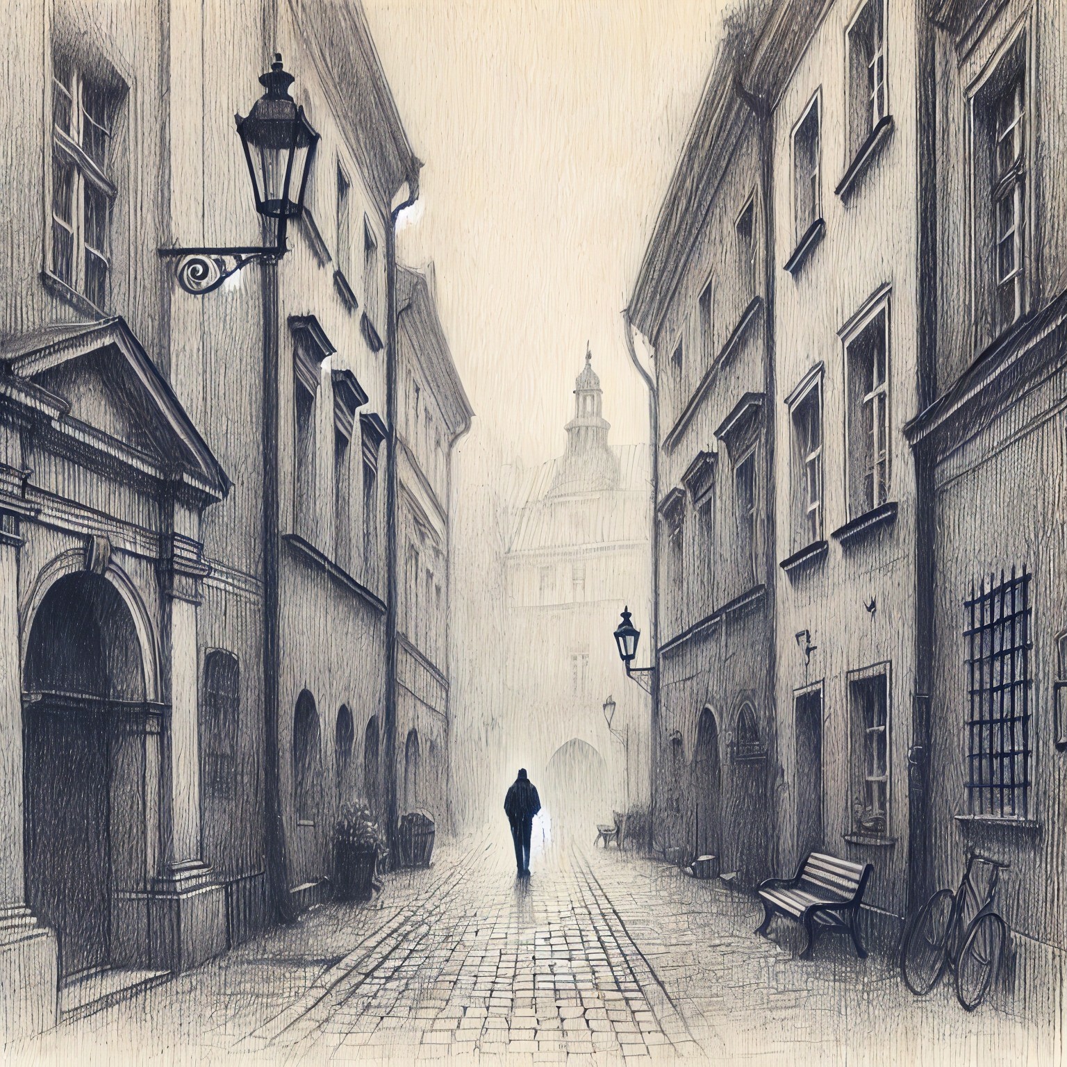 Foggy Street Scene with Historical Buildings and Lampposts