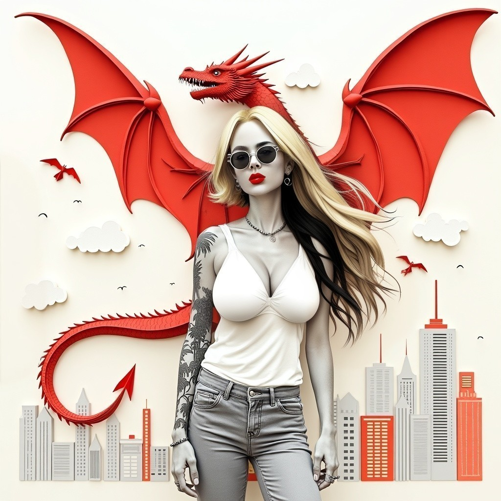 Confident Woman with Dragon in Urban Fantasy Scene