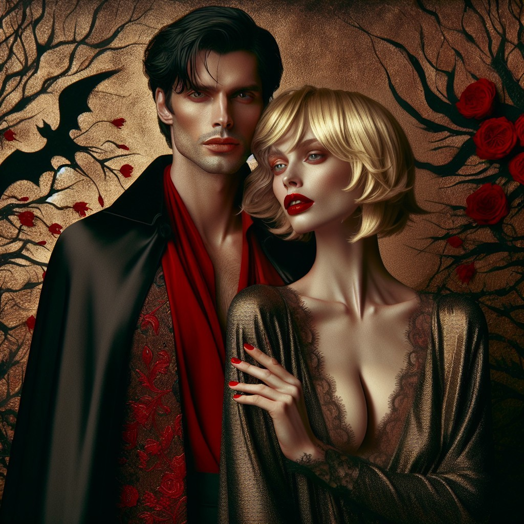 Glamorous couple in dark backdrop with roses and bats