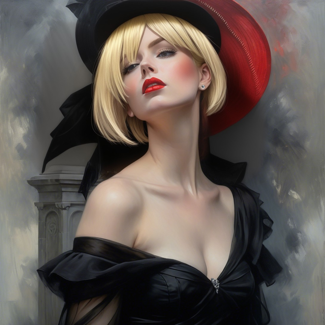 Portrait of a Woman in Black Dress and Red Hat