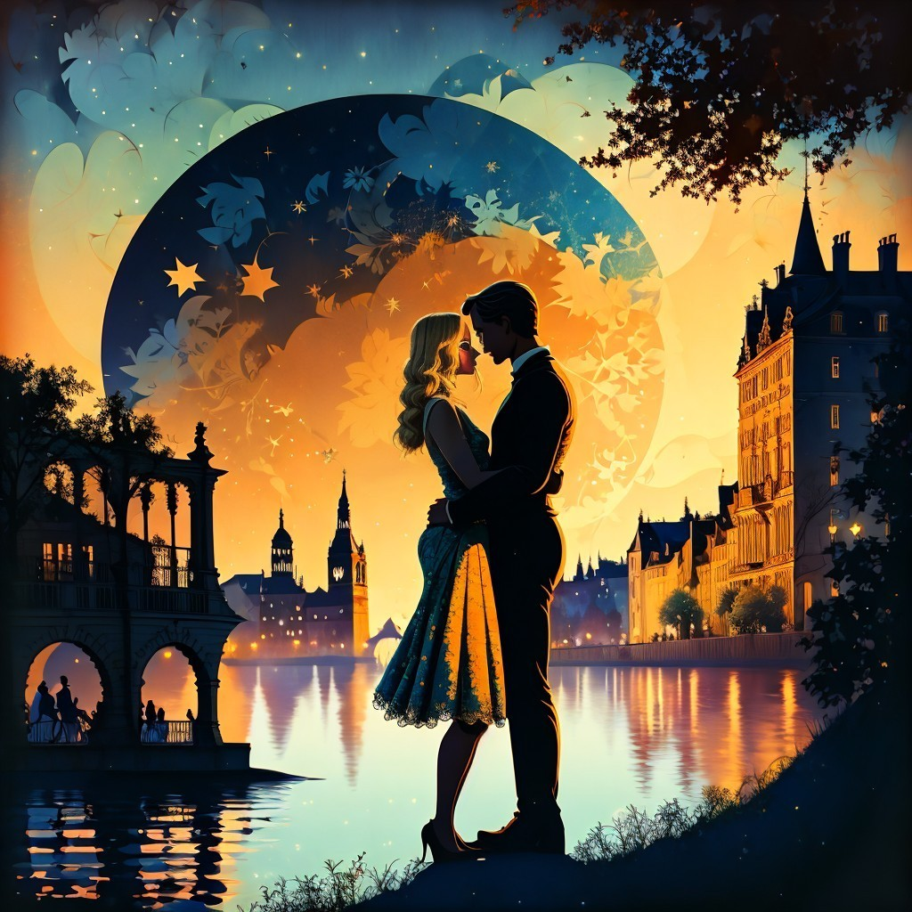 Romantic Twilight Scene by a Calm River with Moonlight