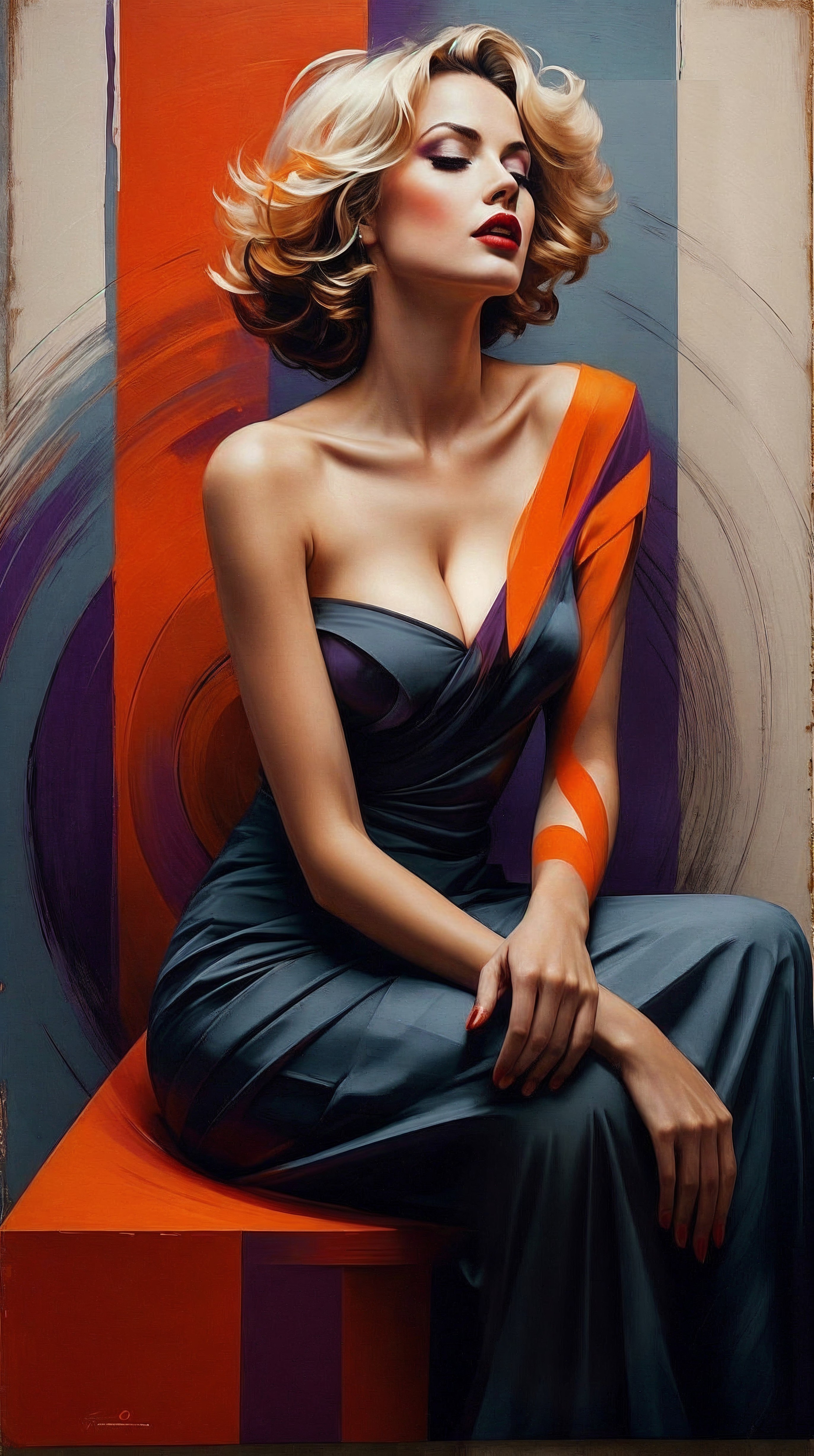 Glamorous Woman in Dark Gown with Bold Orange Stripe