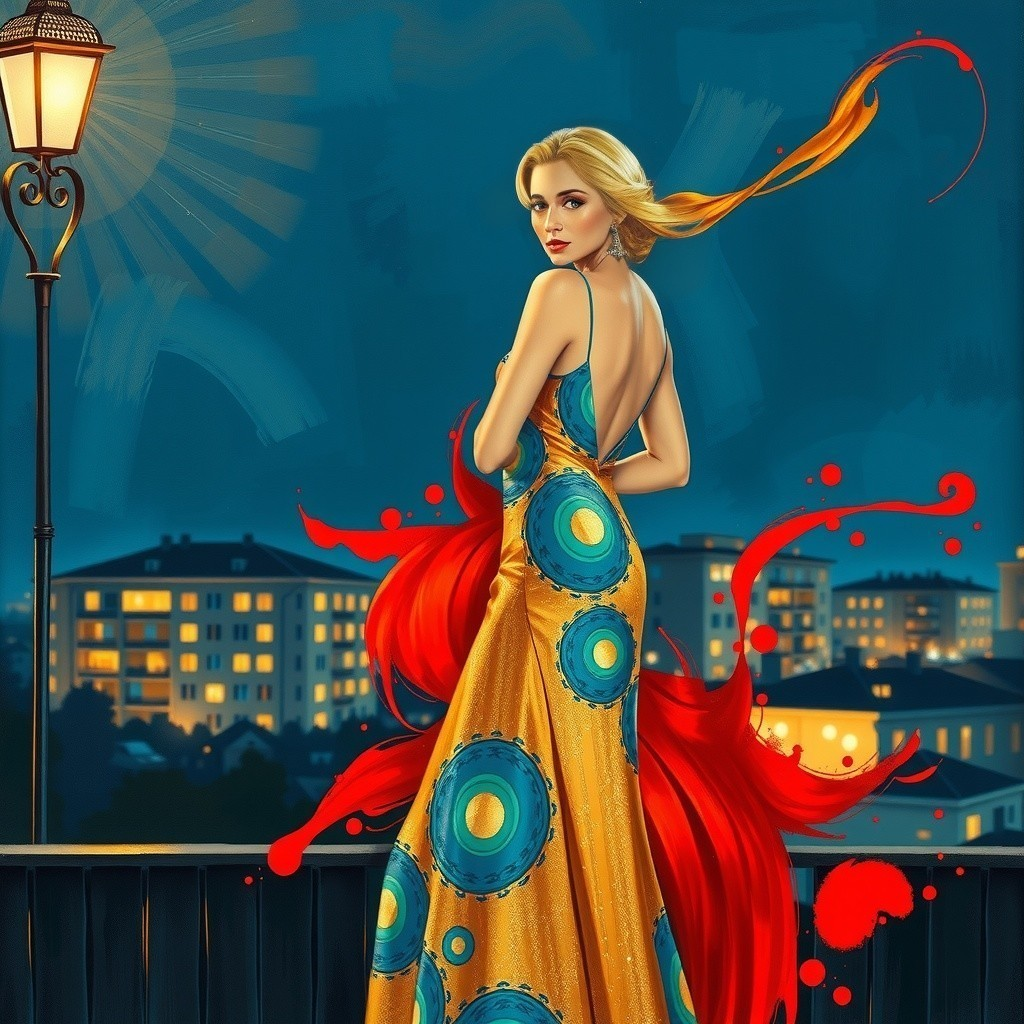 Elegant woman in yellow gown against blue sky