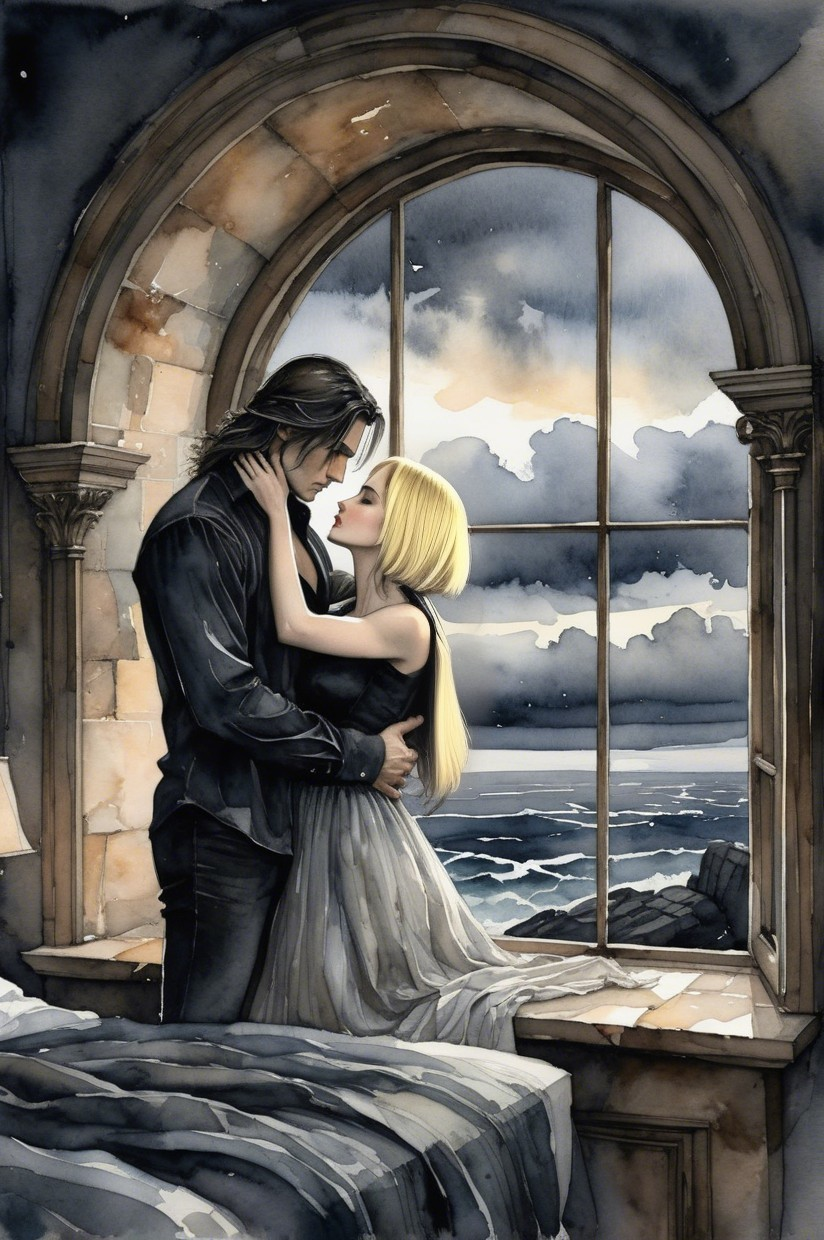 Couple Embraces by Arched Window with Turbulent Ocean