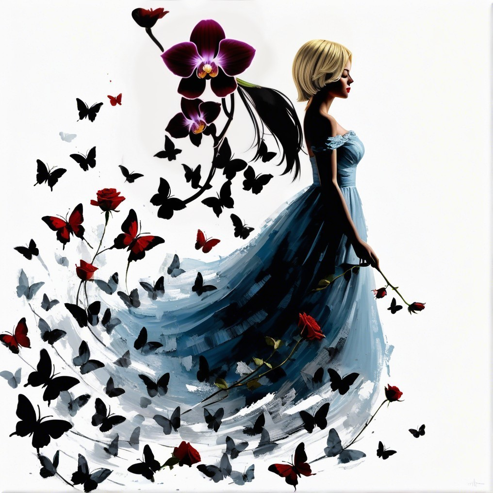 Profile of a Woman in Blue Gown with Floral Accents