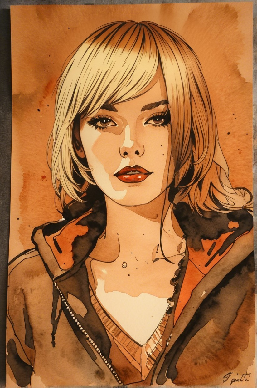 Watercolor portrait of a young woman with blonde hair