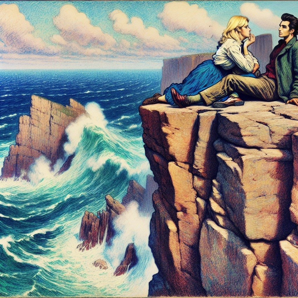 Couple Embracing on Rocky Cliff with Ocean Waves