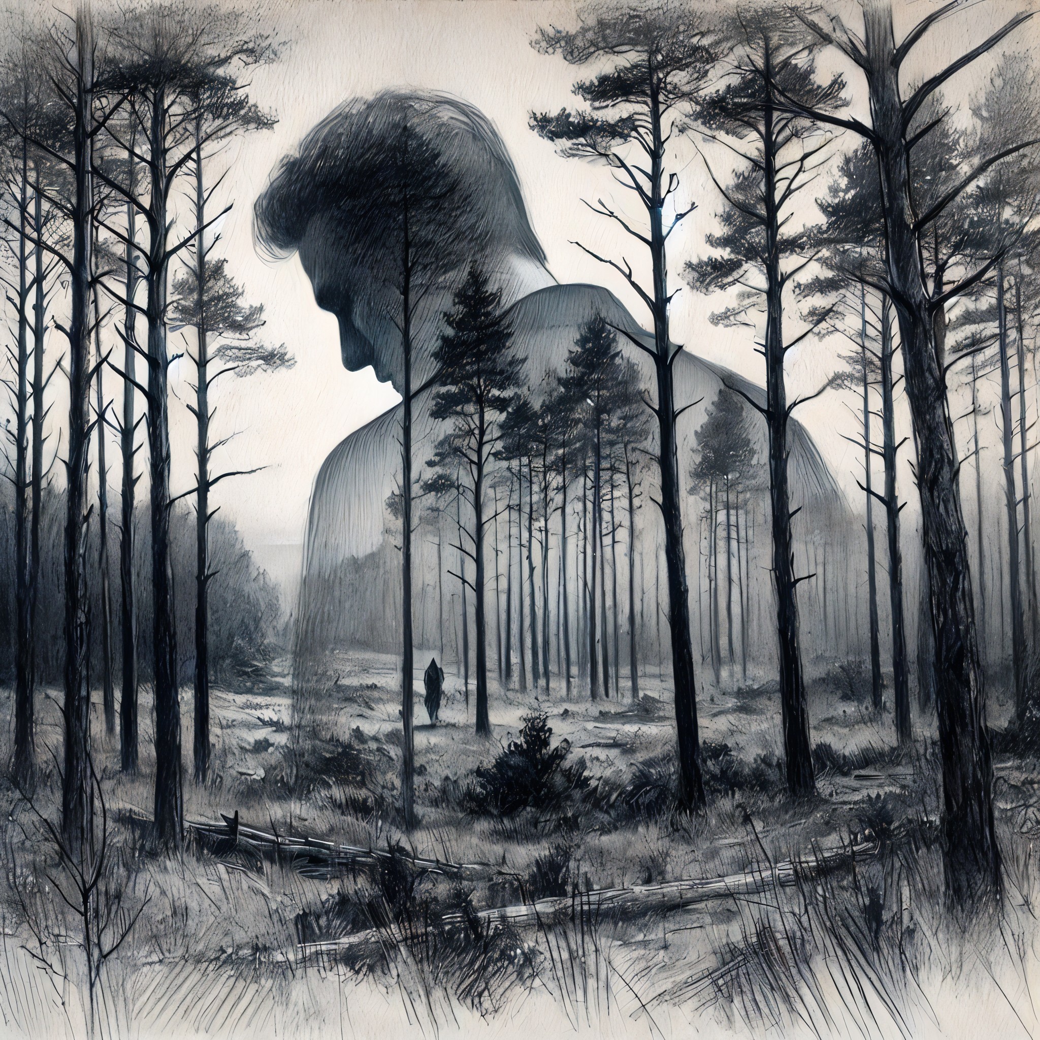 Serene forest scene with mist and a solitary figure